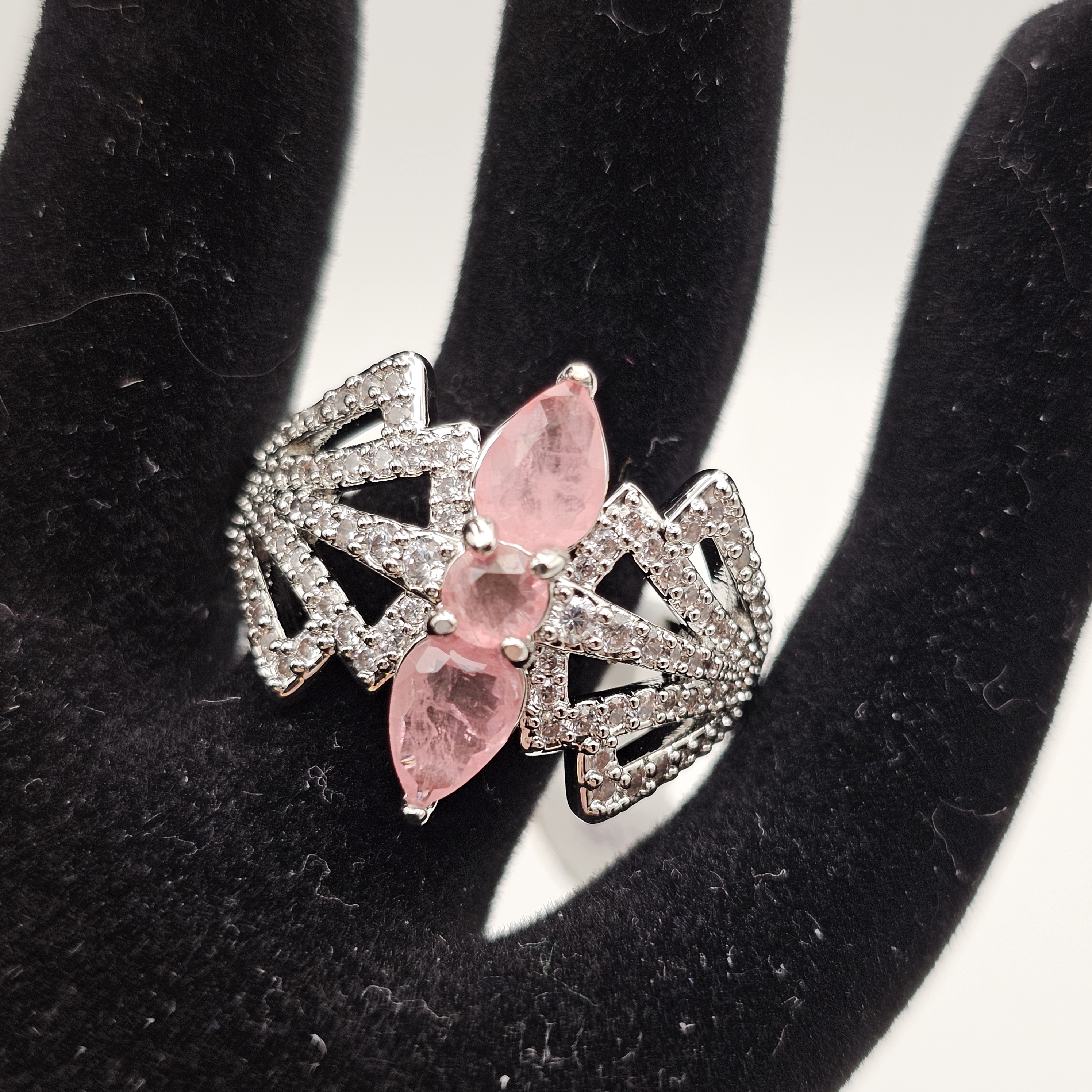 New Bomb Party Wandering Light Ring Size 9 Rose Quartz Diamond Cz On Rhodium 27$